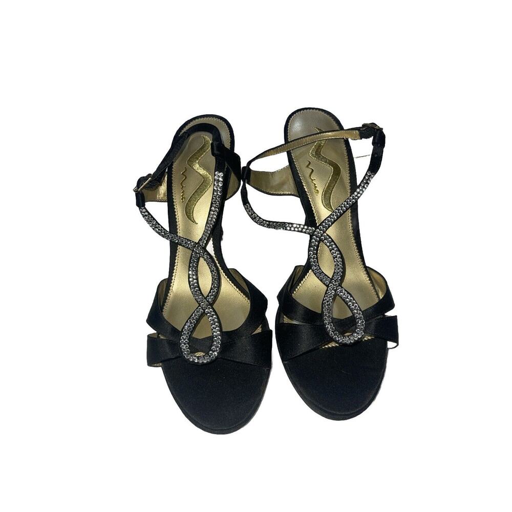 Nina Satin Crystals Womens Strappy Heels Black US Size 7